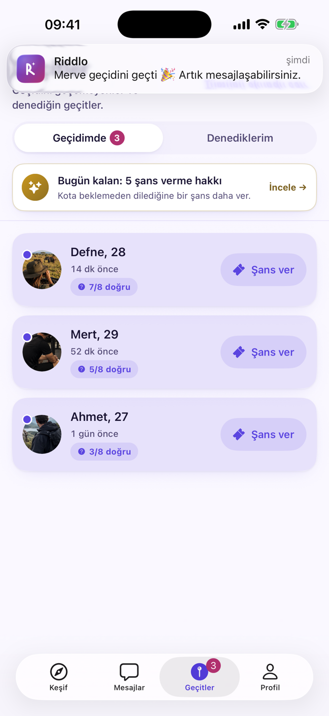 Riddlo Geçittekiler ekranı ve geçit geçildi bildirimi